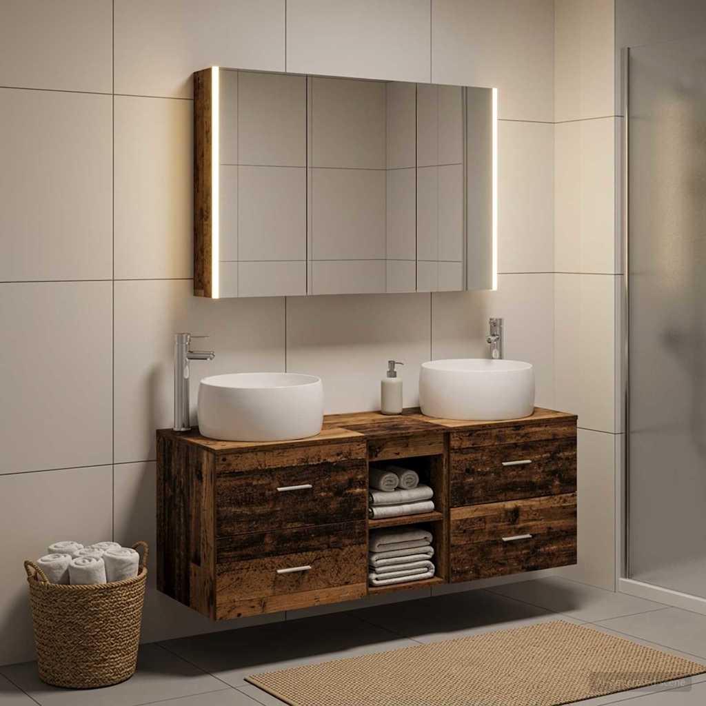 Bathroom Furniture Set 4 pcs Old Wood Engineered Wood and Glass