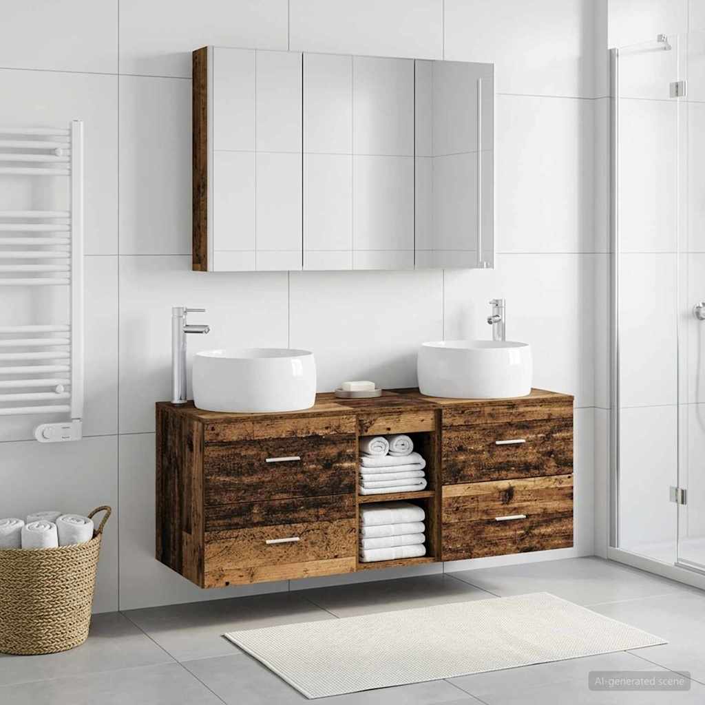 Bathroom Furniture Set 4 pcs Old Wood Engineered Wood and Glass