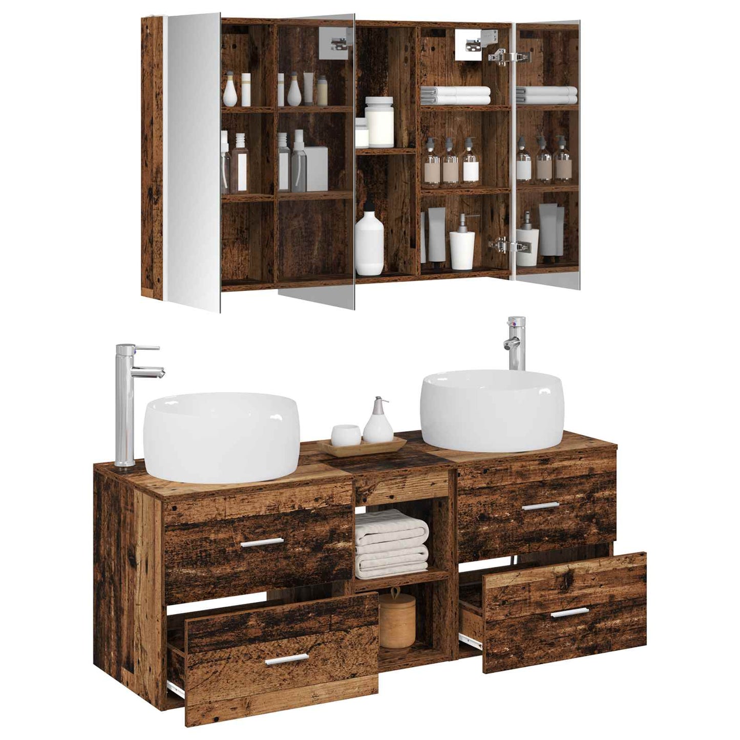 Bathroom Furniture Set 4 pcs Old Wood Engineered Wood and Glass