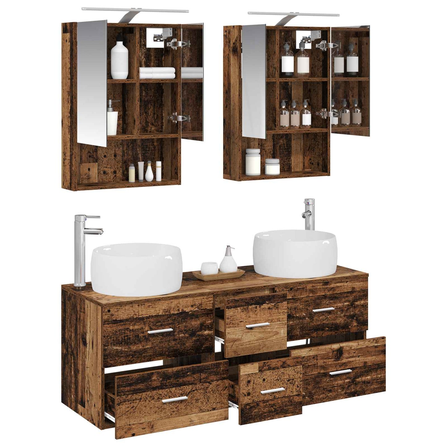 Bathroom Furniture Set 5 pcs Old Wood Engineered Wood and Glass