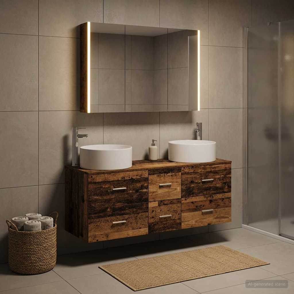 Bathroom Furniture Set 4 pcs Old Wood Engineered Wood and Glass