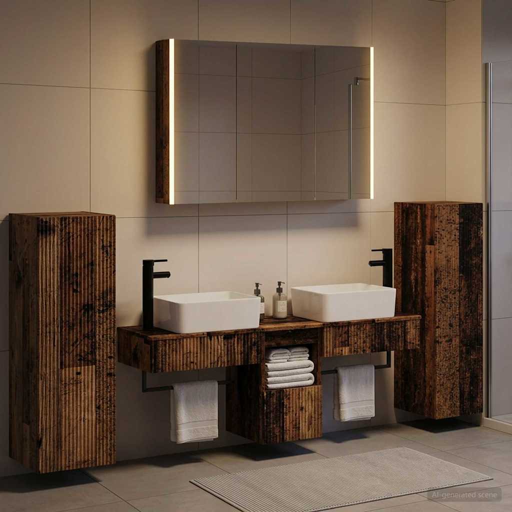 Bathroom Furniture Set 6 pcs Old Wood Engineered Wood and Glass