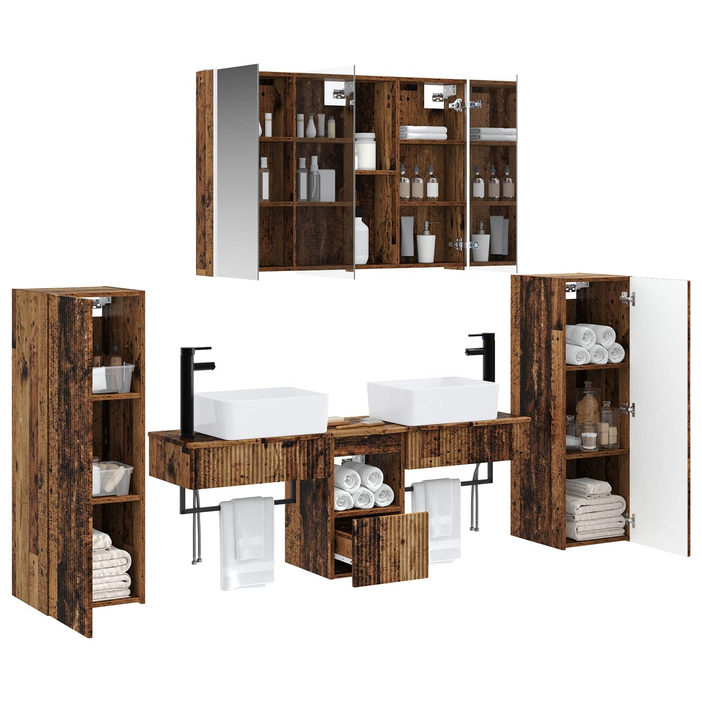 Bathroom Furniture Set 6 pcs Old Wood Engineered Wood and Glass