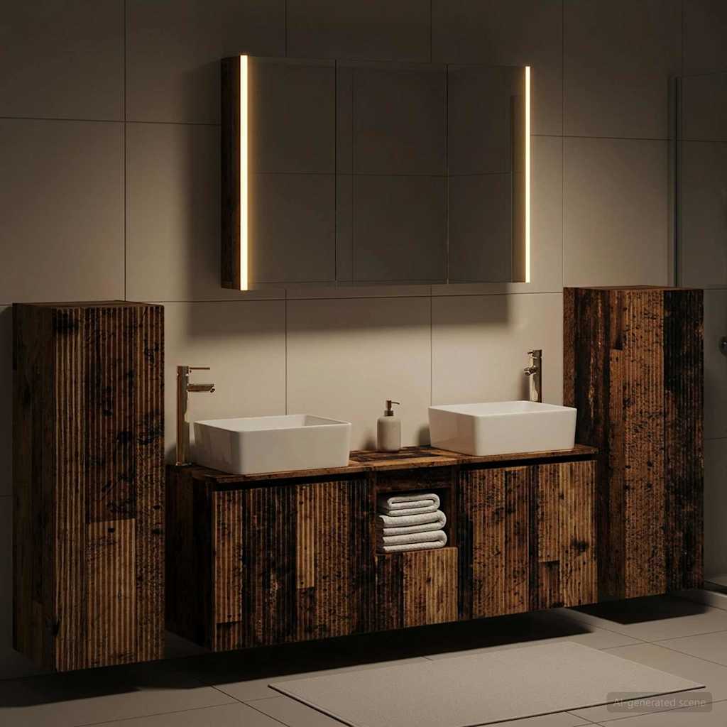 Bathroom Furniture Set 6 pcs Old Wood Engineered Wood and Glass