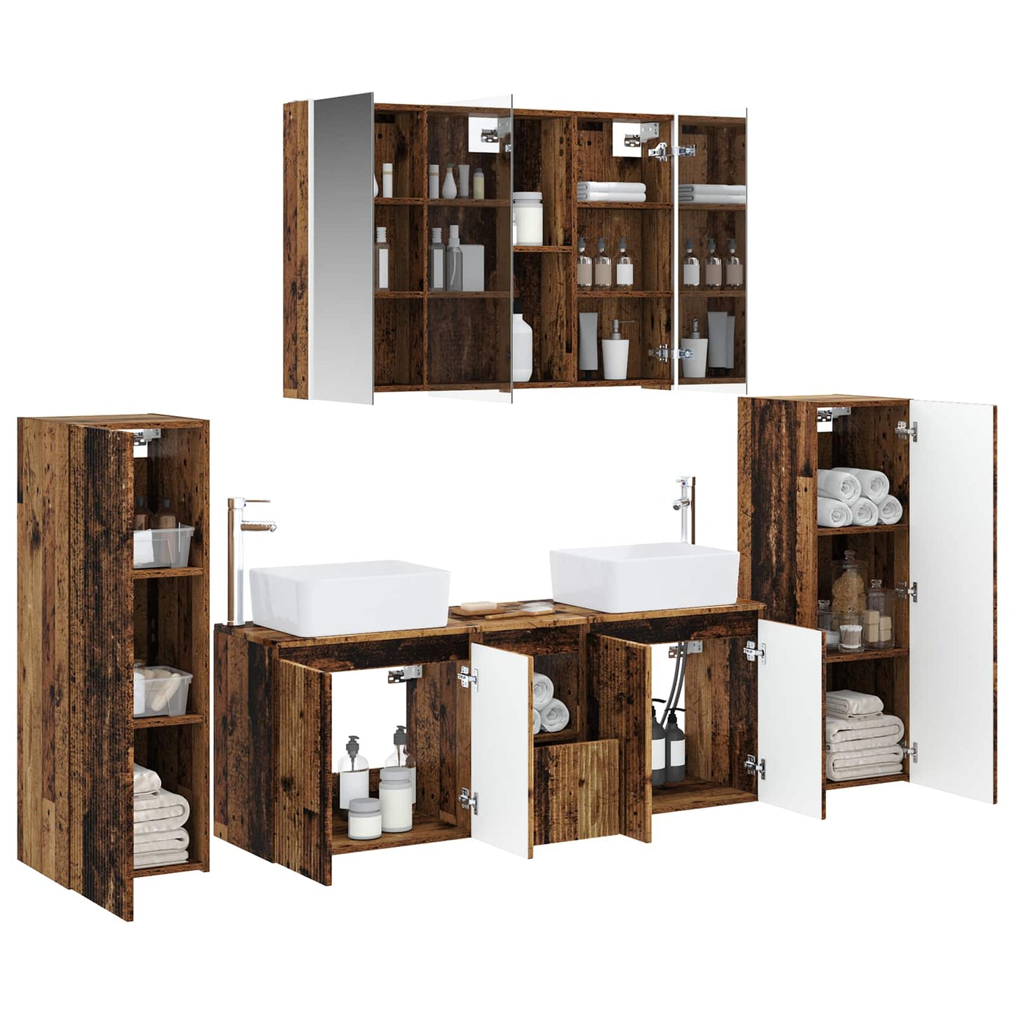 Bathroom Furniture Set 6 pcs Old Wood Engineered Wood and Glass