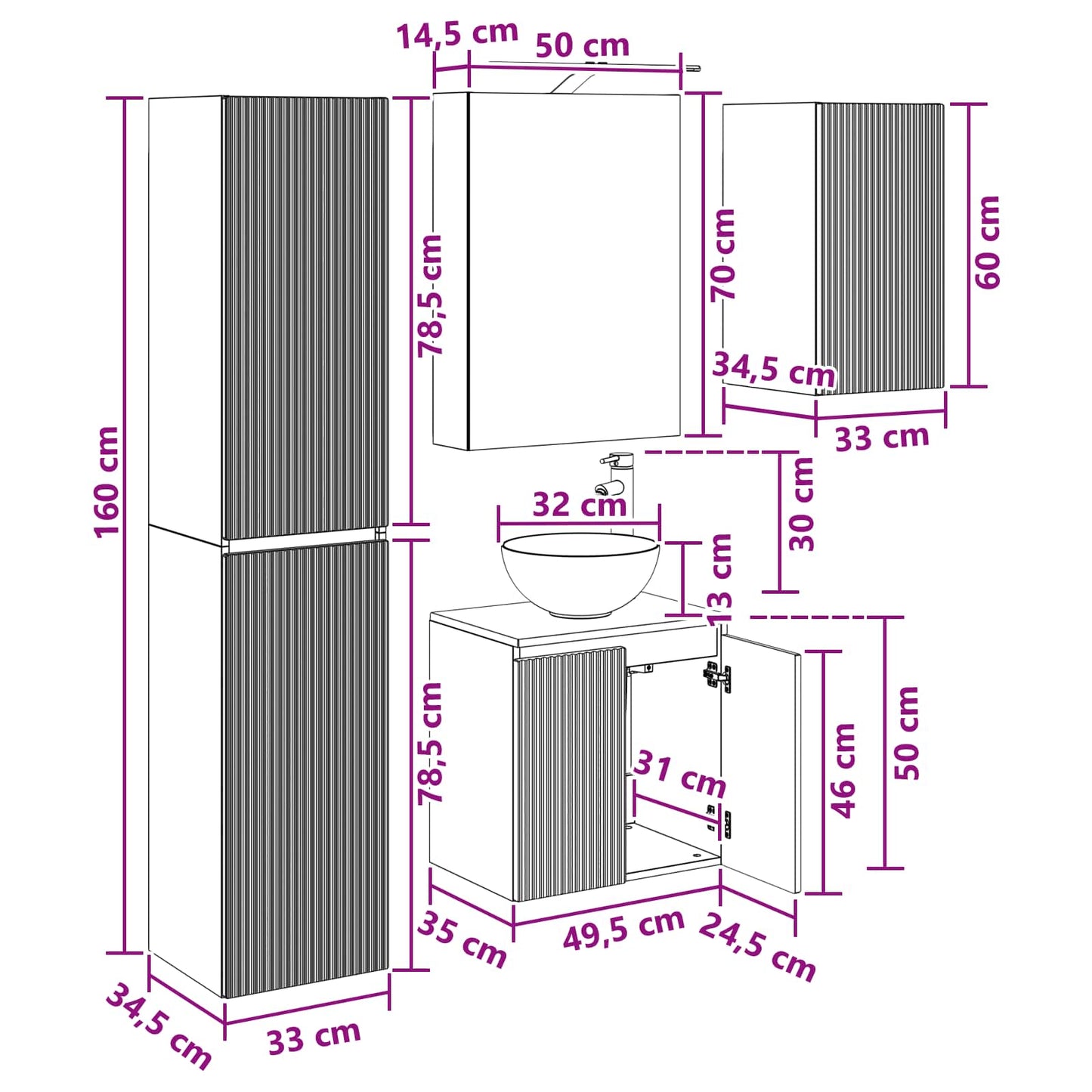 Bathroom Cabinet Set 5 pcs Grey Sonoma 50 x 14.5 x 70 cm