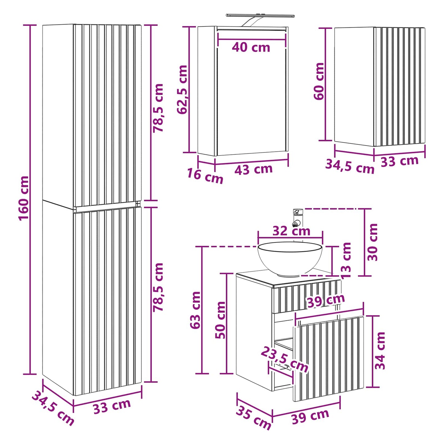 Bathroom Cabinet Set 5 pcs Concrete Grey 43 x 16 x 62.5 cm
