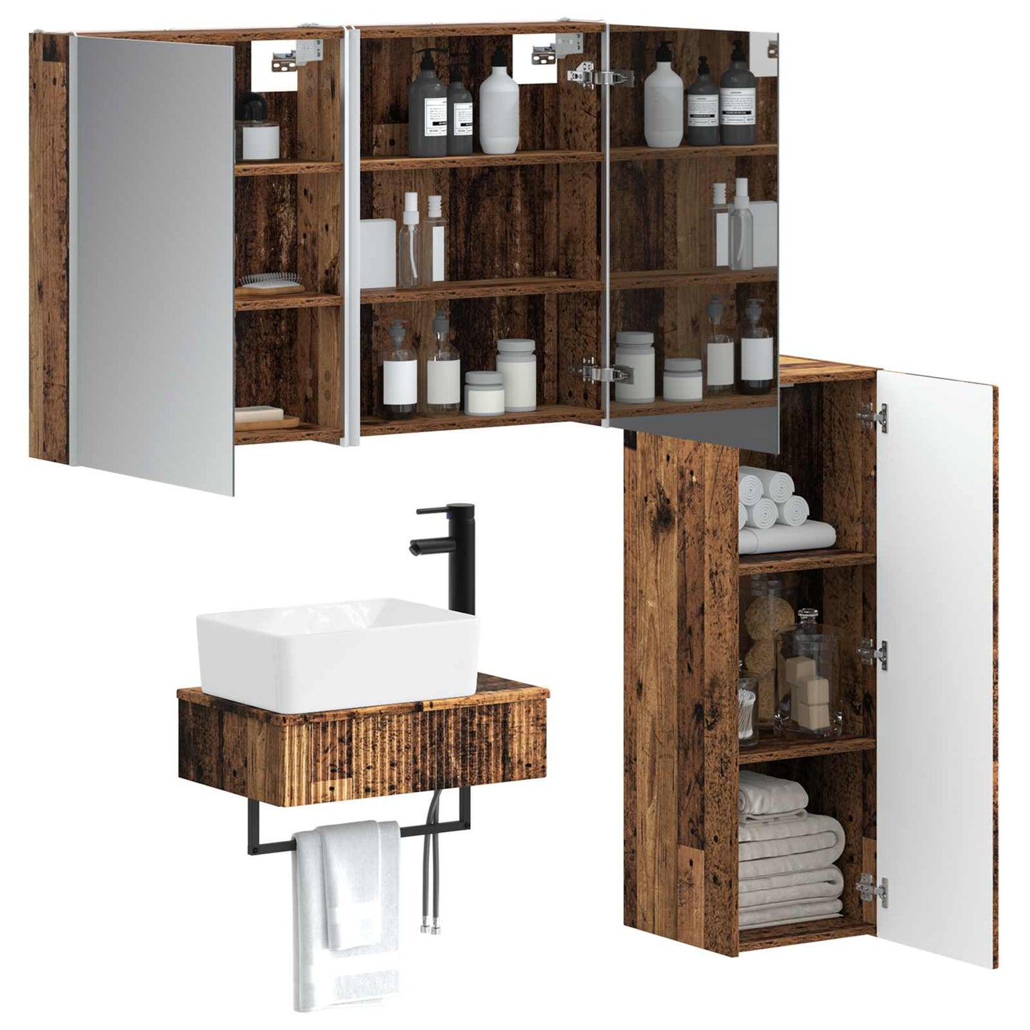 Bathroom Furniture Set 4 pcs Old Wood Engineered Wood and Glass