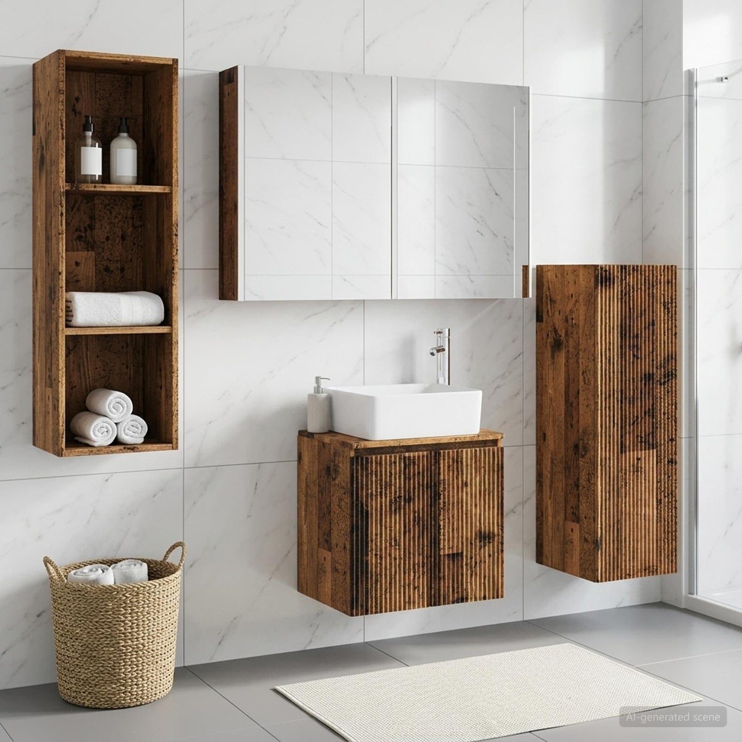 Bathroom Furniture Set 4 pcs Old Wood Engineered Wood and Glass