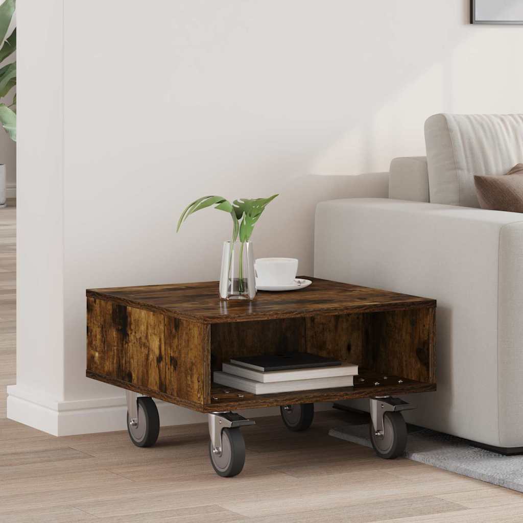 Side Table with Wheels Smoked Oak 50.5 x 50 x 30 cm