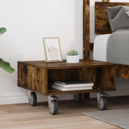 Side Table with Wheels Smoked Oak 50.5 x 50 x 30 cm