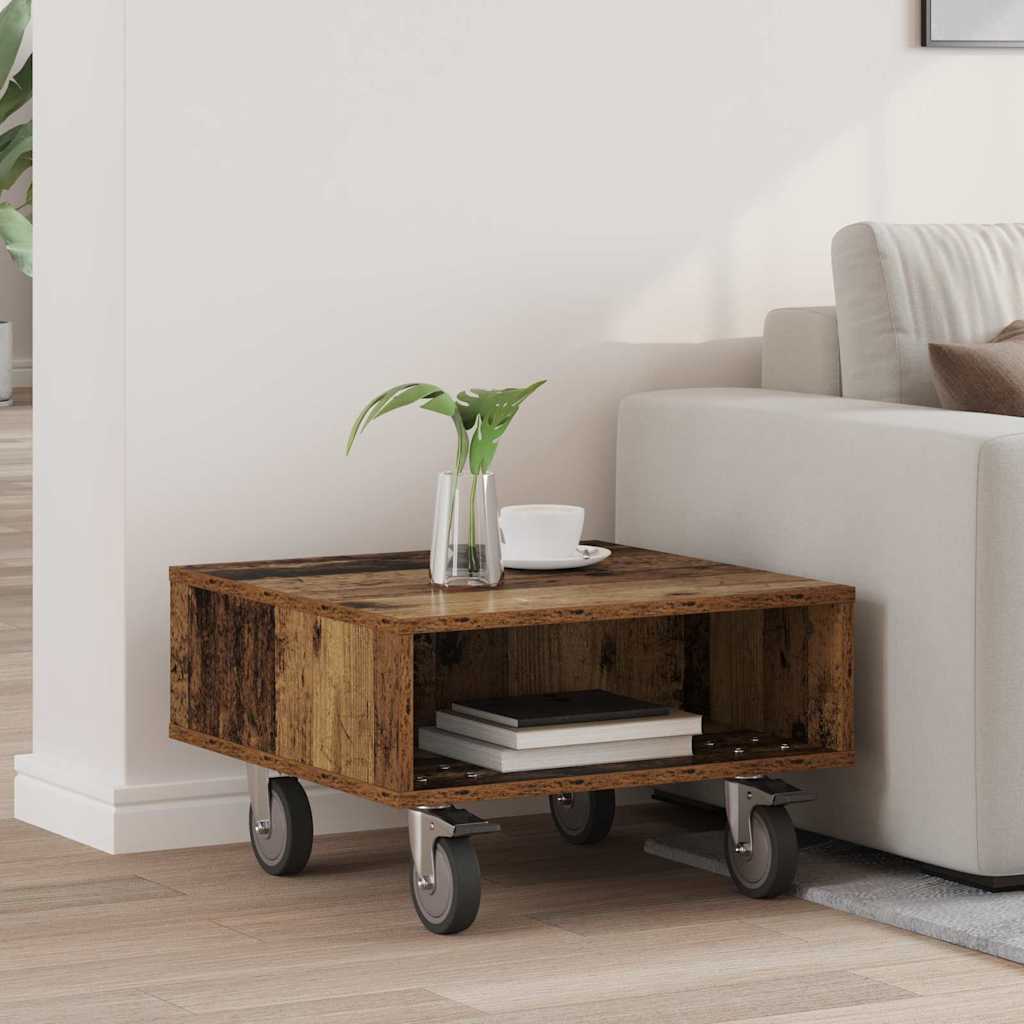 Side Table with Wheels Old Wood 50.5 x 50 x 30 cm