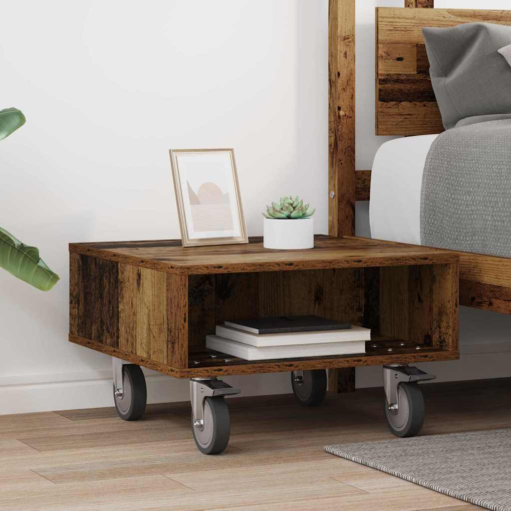 Side Table with Wheels Old Wood 50.5 x 50 x 30 cm
