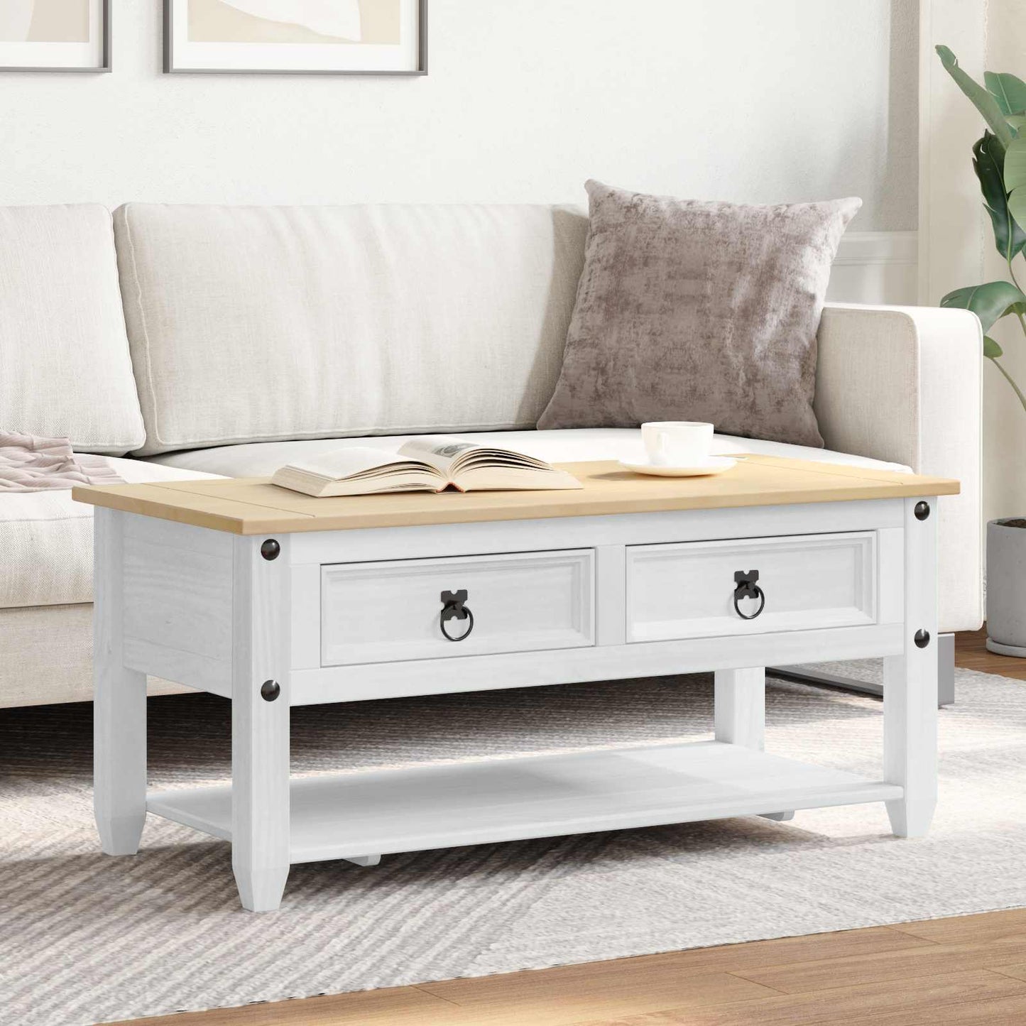 Coffee Table with Drawer White 100 x 48 x 45 cm Solid Pine Wood