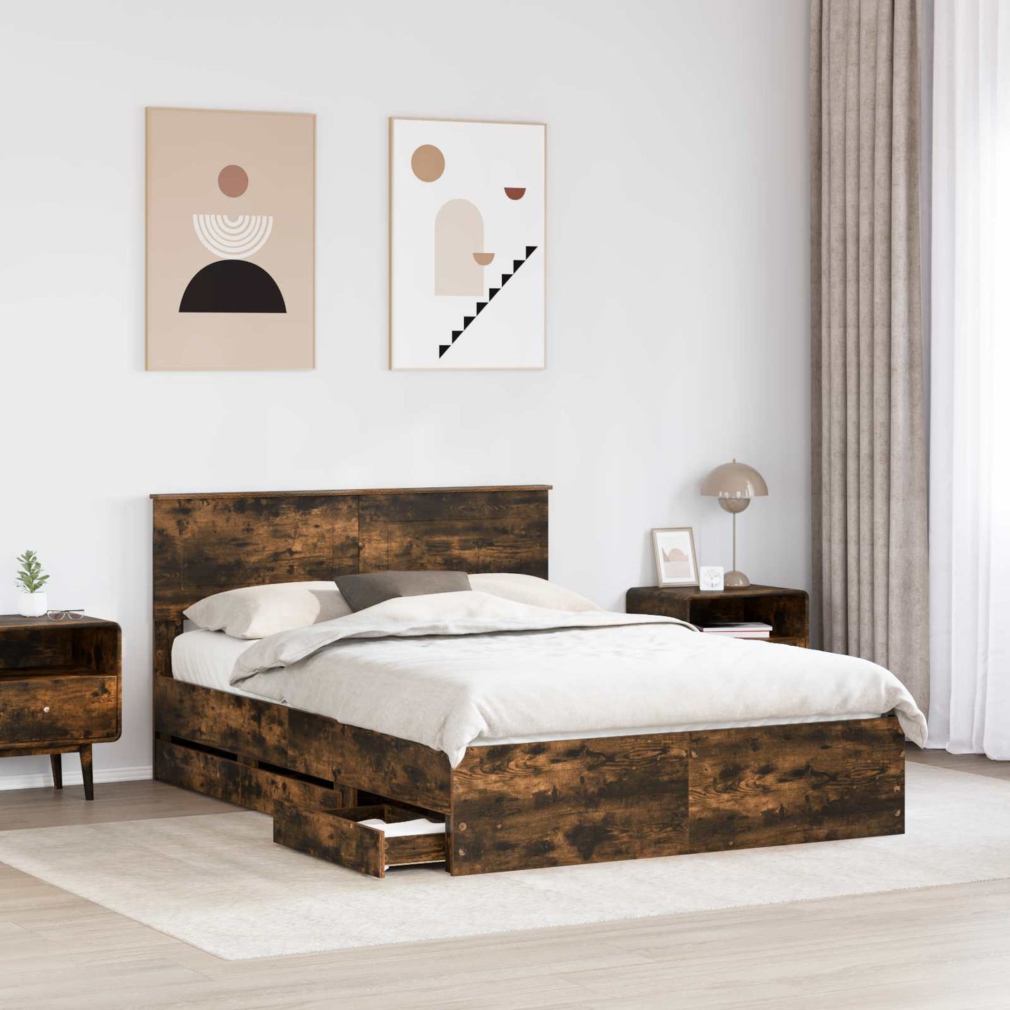 Bed Frame with Drawer Smoked Oak 160 x 200 cm Engineer Wood