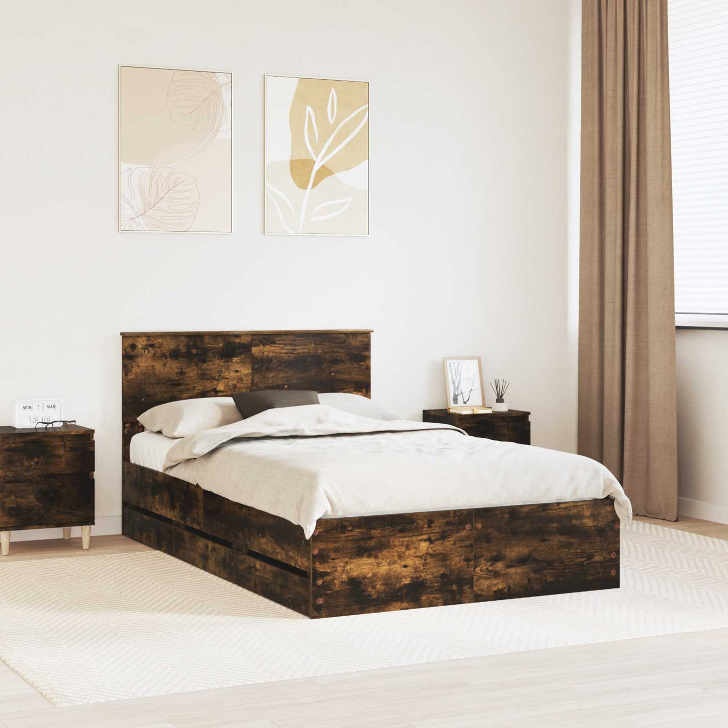 Bed Frame with Drawer Smoked Oak 135 x 190 cm Engineer Wood