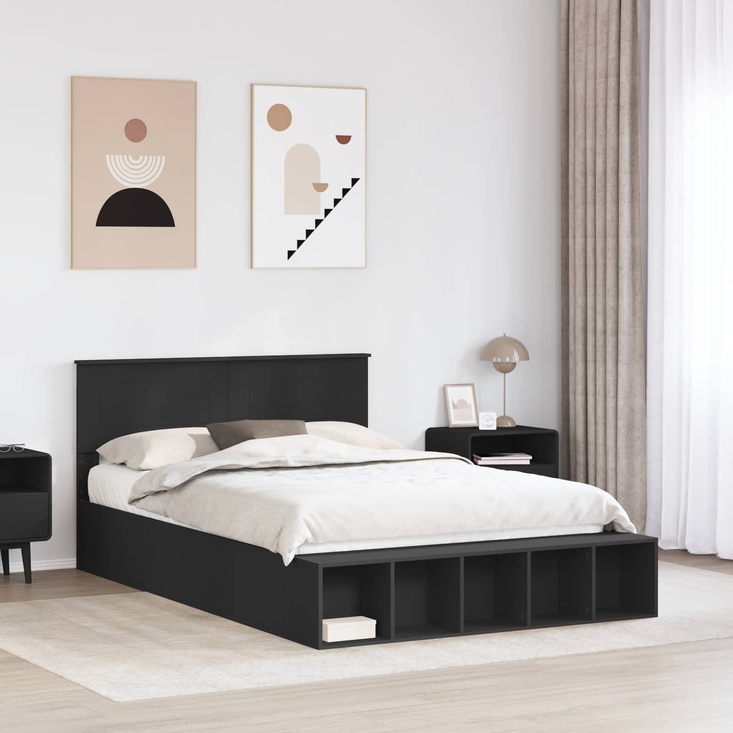 Bed Frame with Shelf Manual Black 150 x 200 cm Engineered Wood