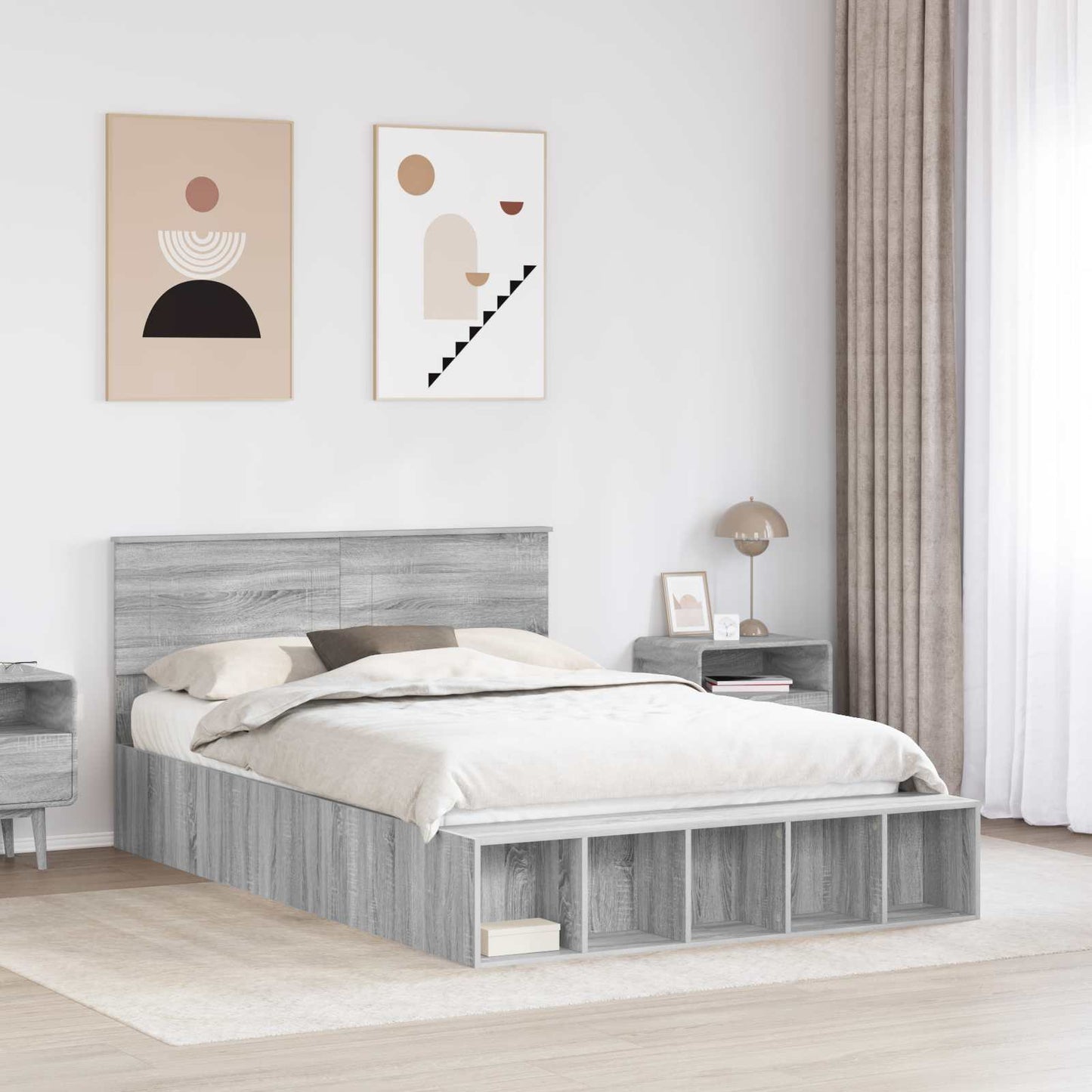 Bed Frame with Shelf Grey Sonoma 140 x 190 cm Engineered Wood