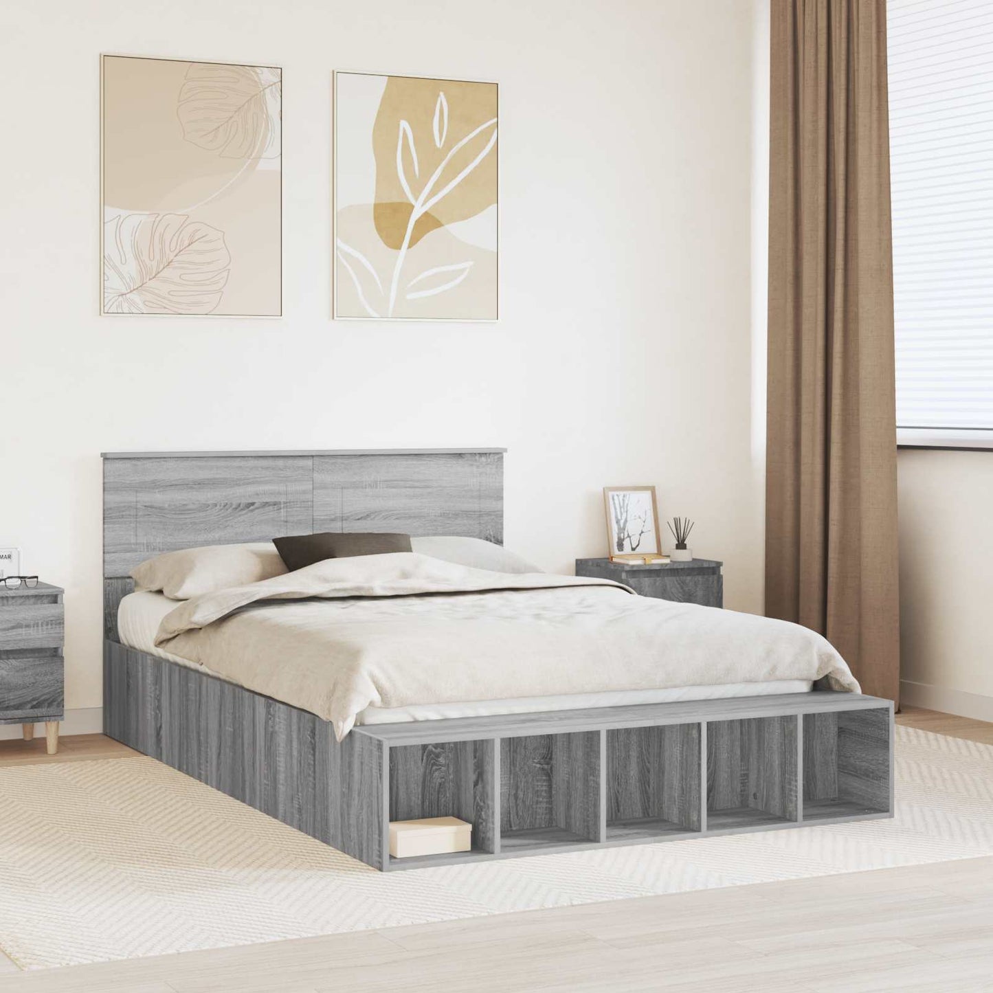 Bed Frame with Shelf Grey Sonoma 140 x 200 cm Engineered Wood