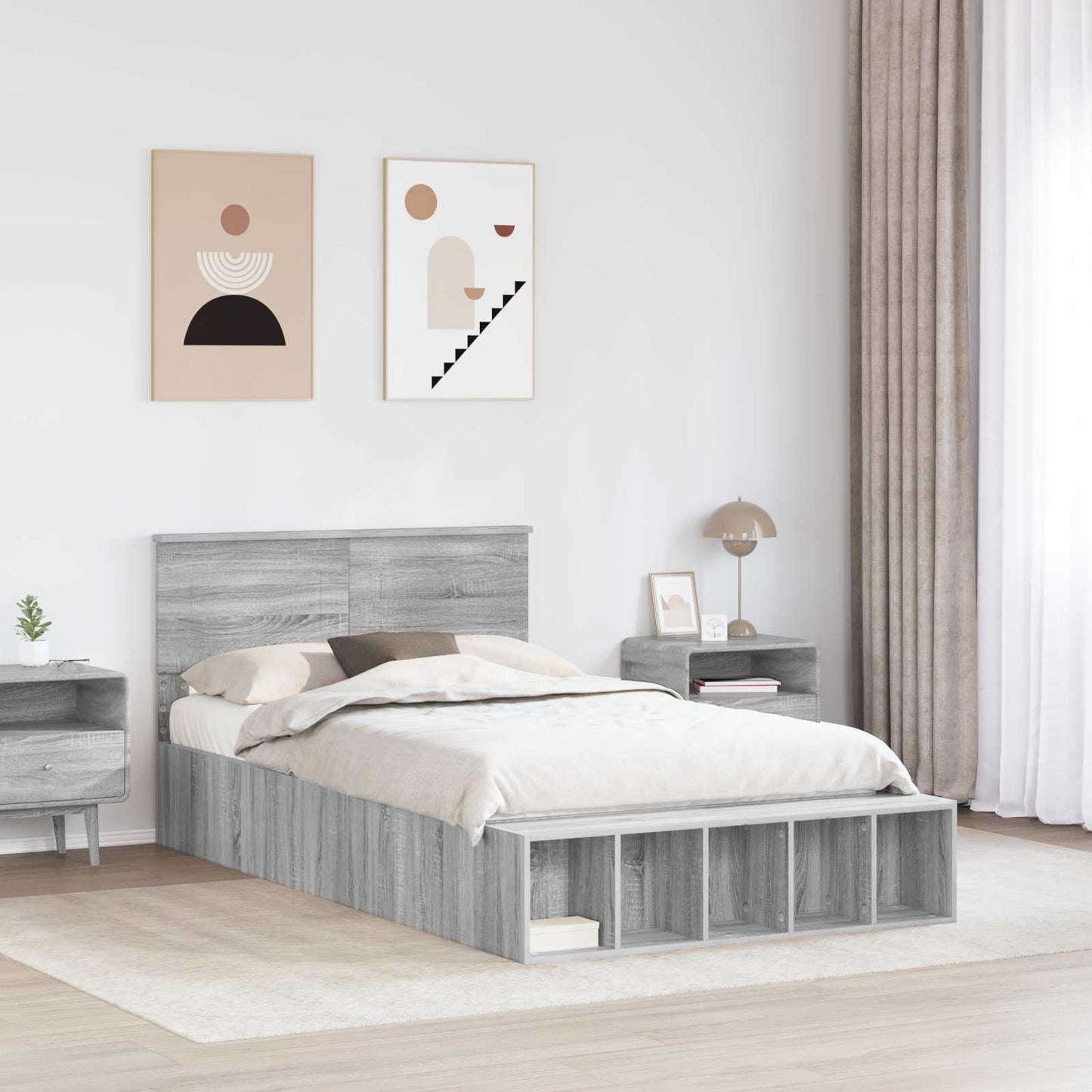 Bed Frame with Shelf Grey Sonoma 120 x 190 cm Engineered Wood