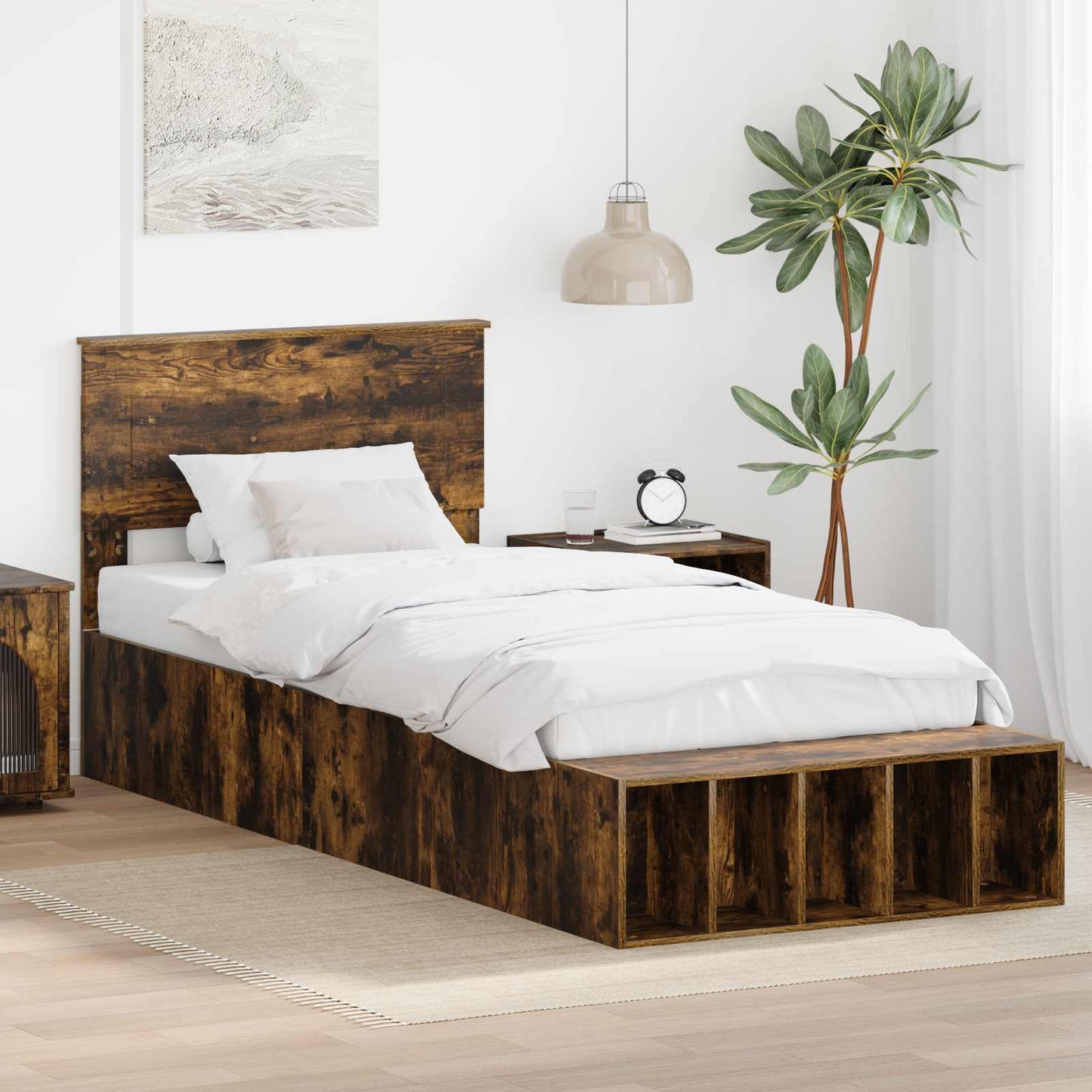 Bed Frame with Shelf Smoked Oak 100 x 200 cm Engineered Wood