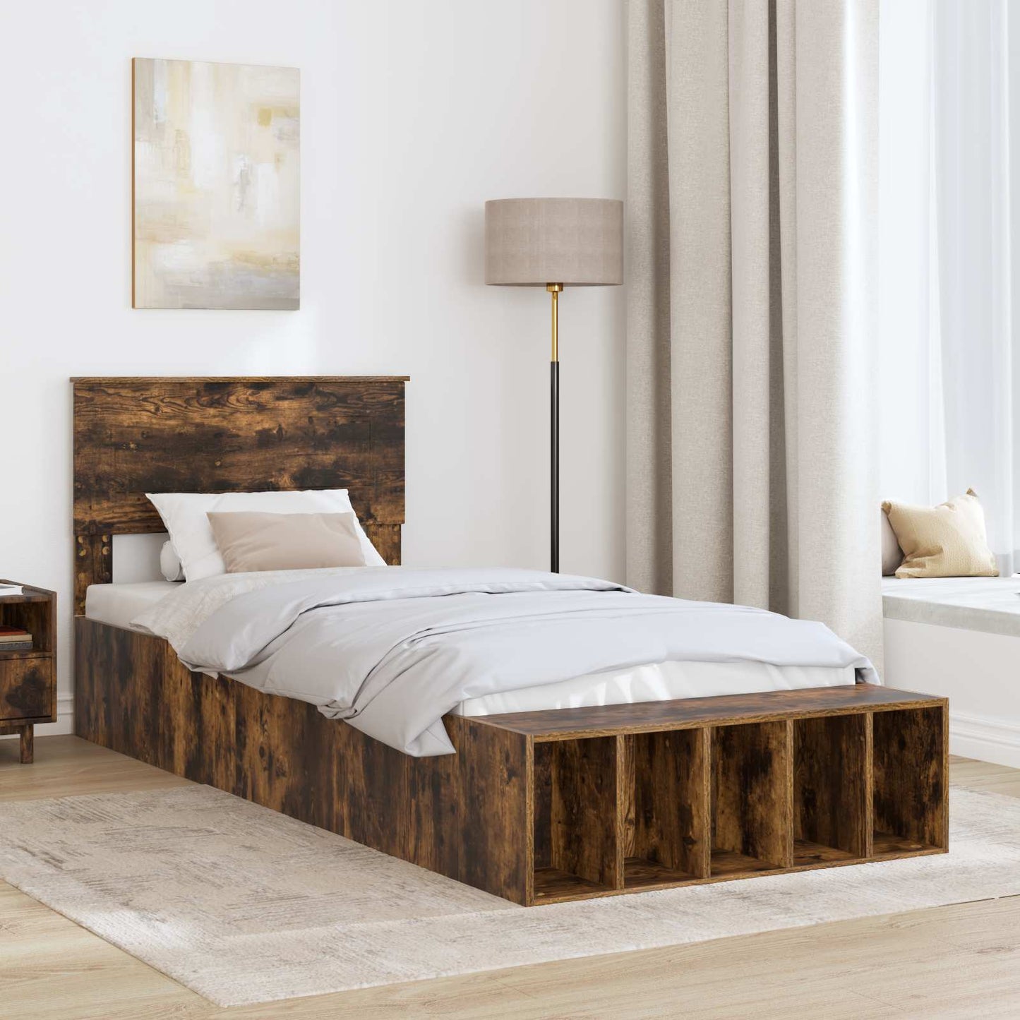 Bed Frame with Shelf Smoked Oak 90 x 190 cm Engineered Wood