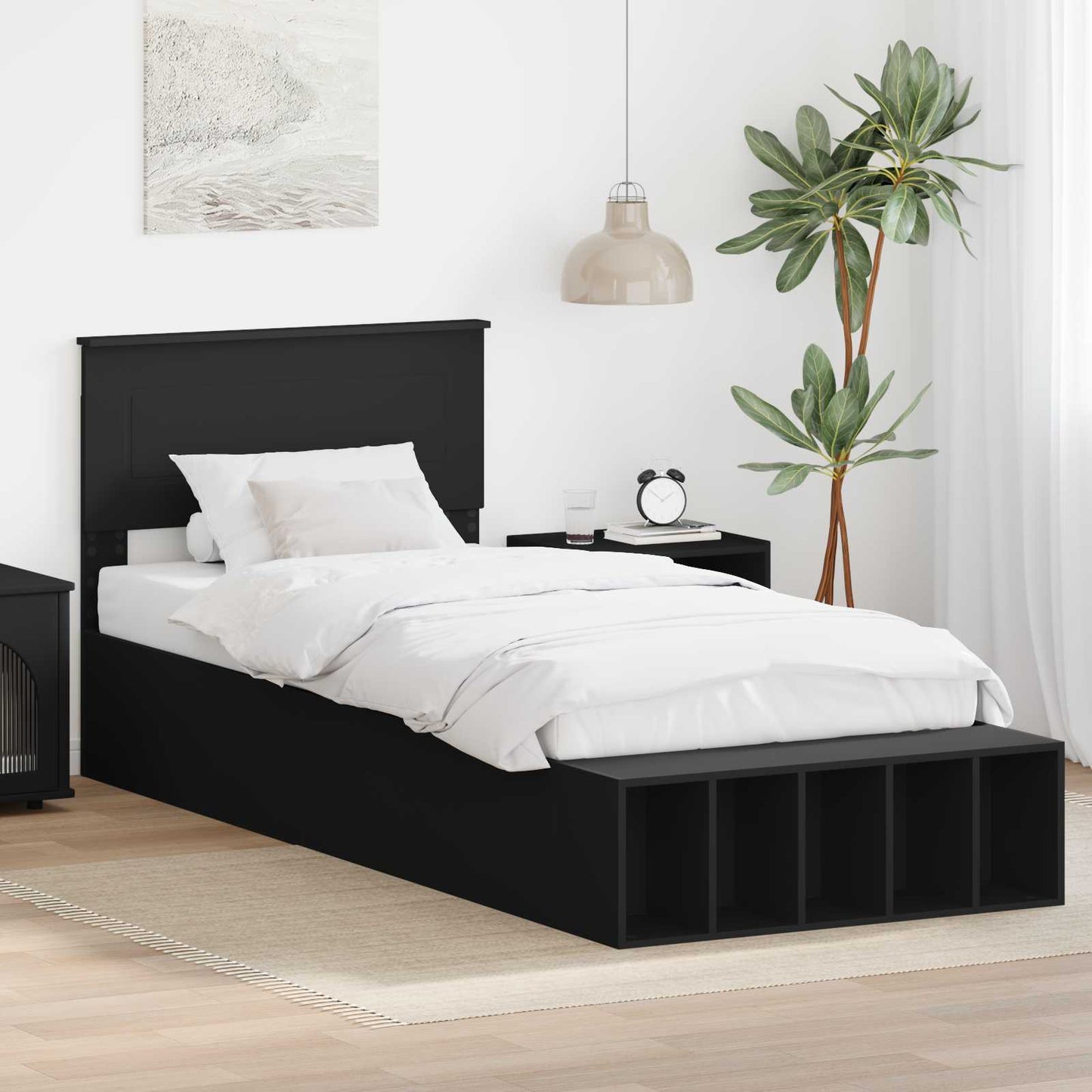 Bed Frame with Shelf Manual Black 75 x 190 cm Engineered Wood
