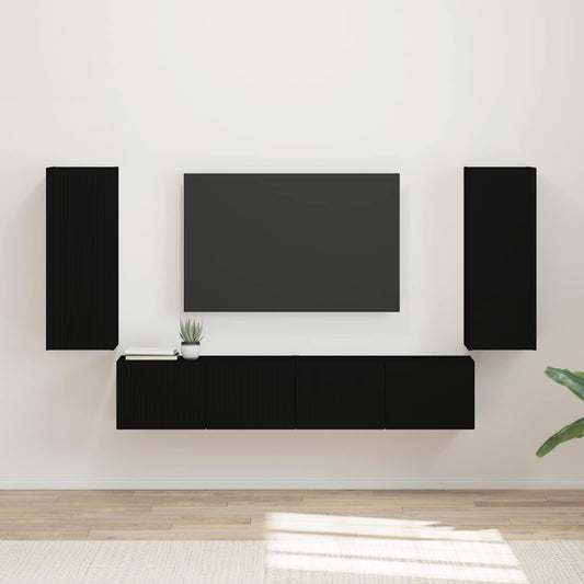TV Wall Cabinet Set 4 pcs Black Engineered Wood