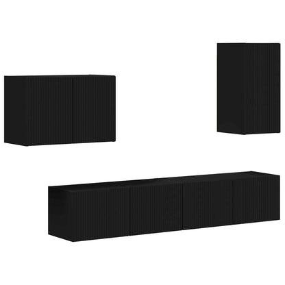 TV Wall Cabinet Set Wall-mounted 4 pcs Black Engineered Wood