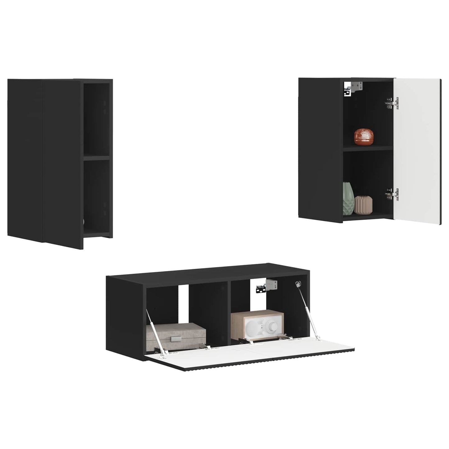 TV Cabinet Set Wall-mounted 2 pcs Black Engineered Wood