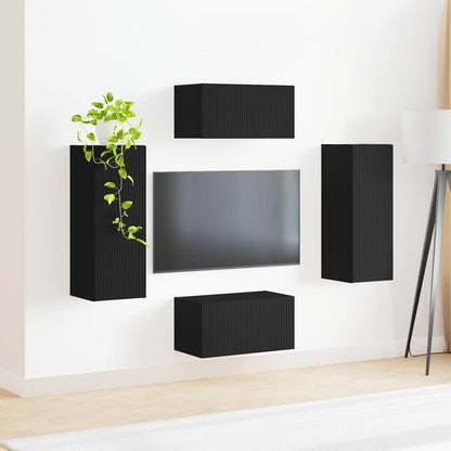 TV Cabinet Set Wall-mounted 2 pcs Black Engineered Wood