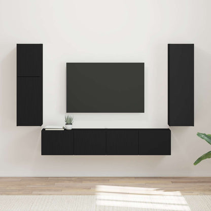 TV Cabinet Set Wall-mounted 4 pcs Black Engineered Wood