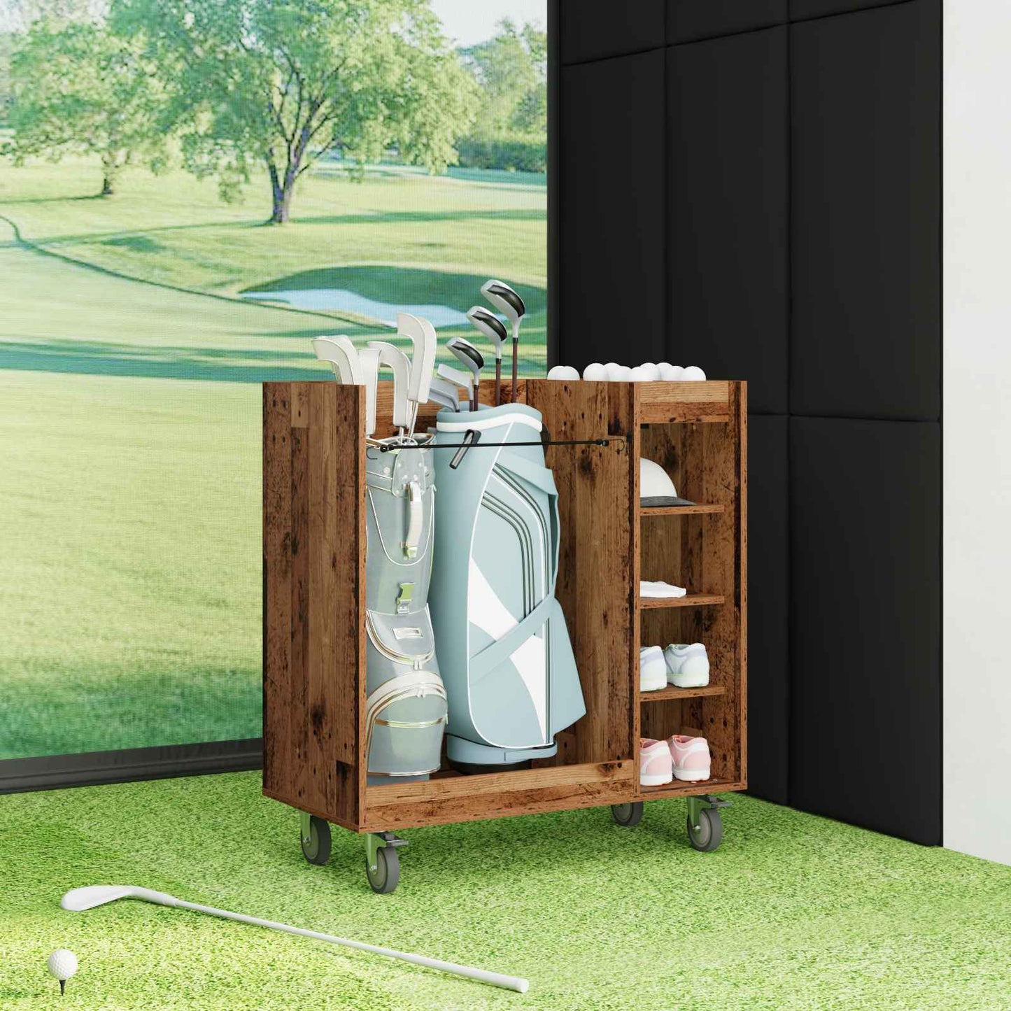 Golf Cabinet with Wheel Plain Old Wood 90 x 45 x 98 cm
