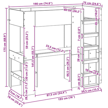Loft Bed Frame with Desk Sonoma Oak 75 x 190 cm Engineered Wood