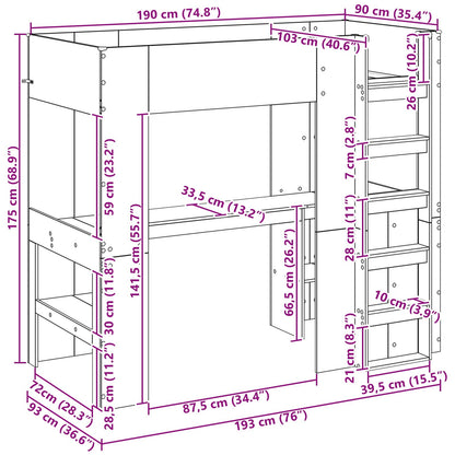 Loft Bed Frame with Desk with Shelf Artisan Oak 90 x 190 cm