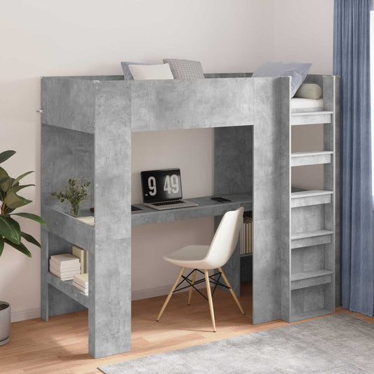 Loft Bed Frame with Desk with Shelf Concrete Grey 90 x 200 cm