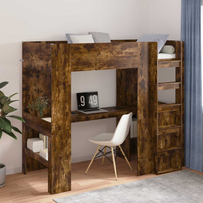 Loft Bed Frame with Desk Smoked Oak 90 x 200 cm Engineered Wood