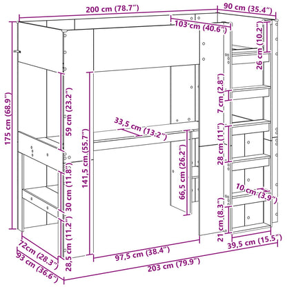 Loft Bed Frame with Desk with Shelf Artisan Oak 90 x 200 cm
