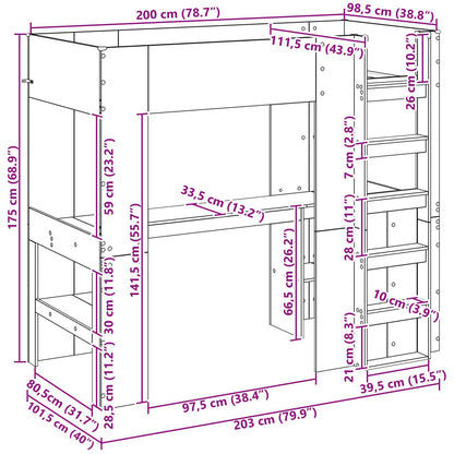 Loft Bed Frame with Desk with Storage Sonoma Oak 100 x 200 cm