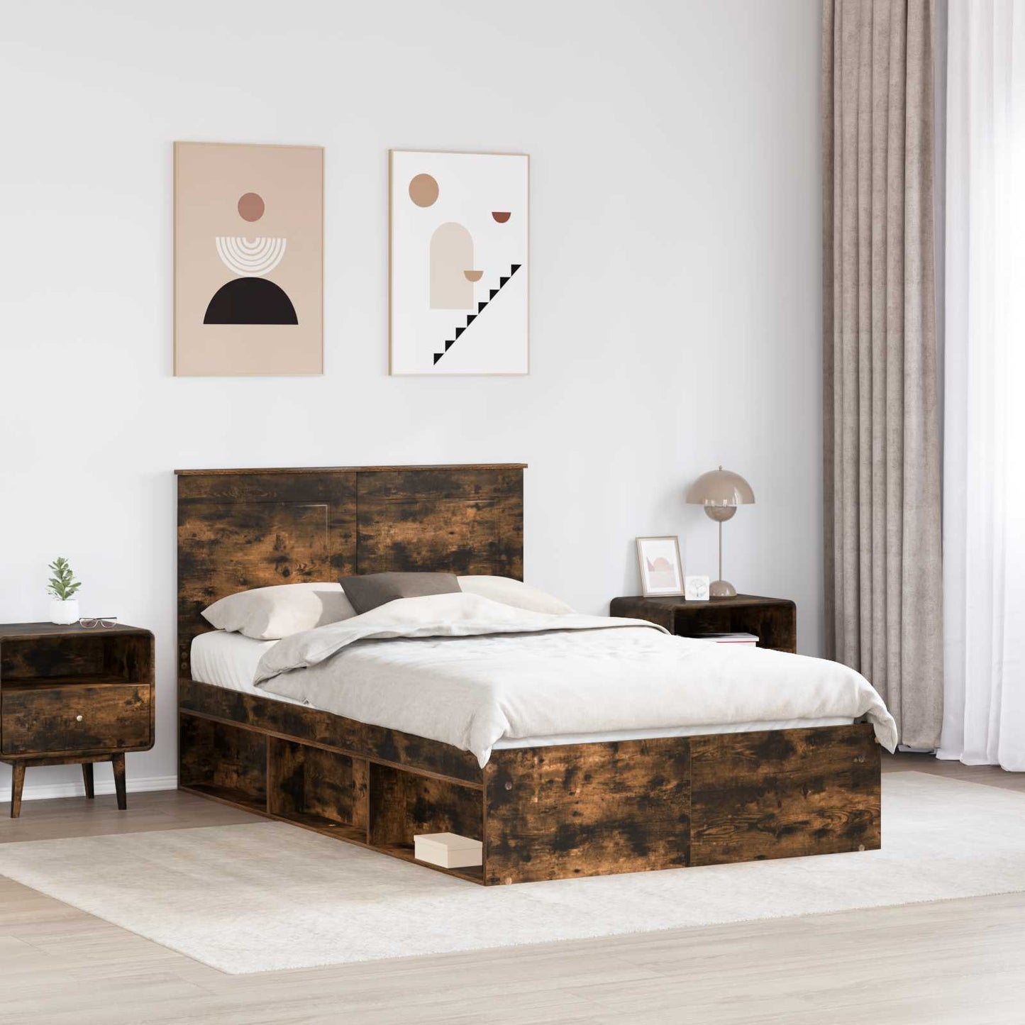 Bed Frame with Drawer Smoked Oak 135 x 190 cm Solid Pine Wood