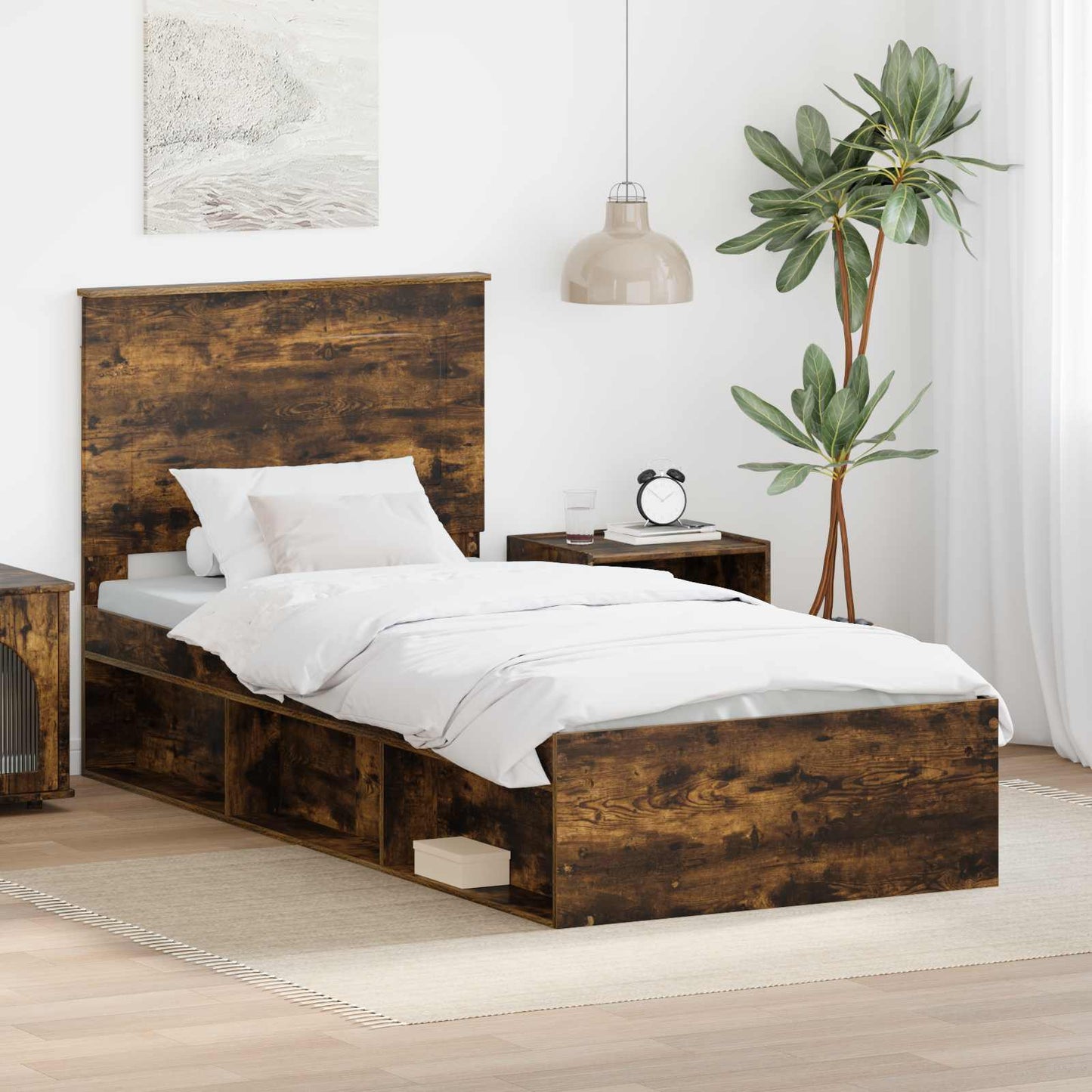 Bed Frame with Drawer Smoked Oak 100 x 200 cm Solid Pine Wood
