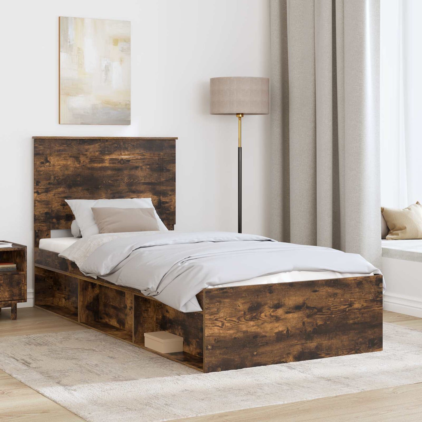 Bed Frame with Drawer Smoked Oak 100 x 200 cm Solid Pine Wood