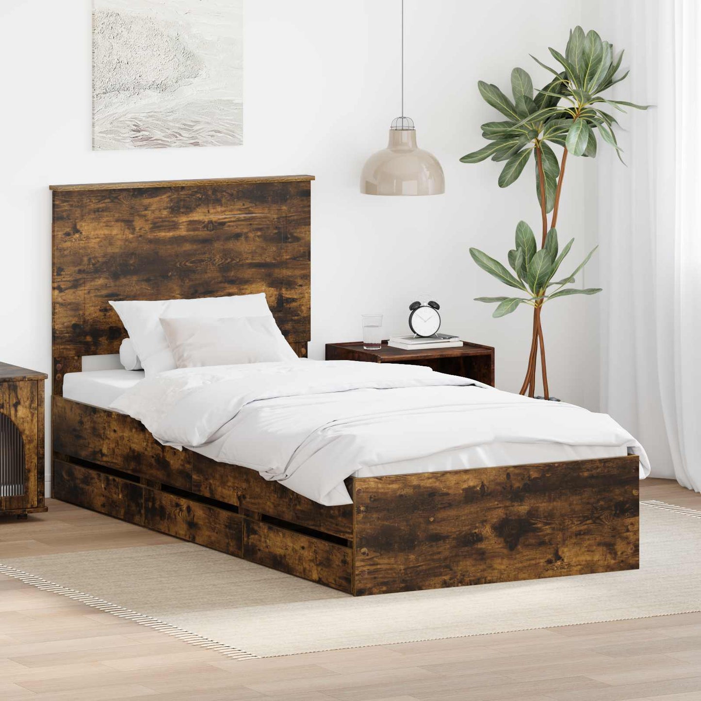 Bed Frame with Drawer Smoked Oak 100 x 200 cm Engineer Wood