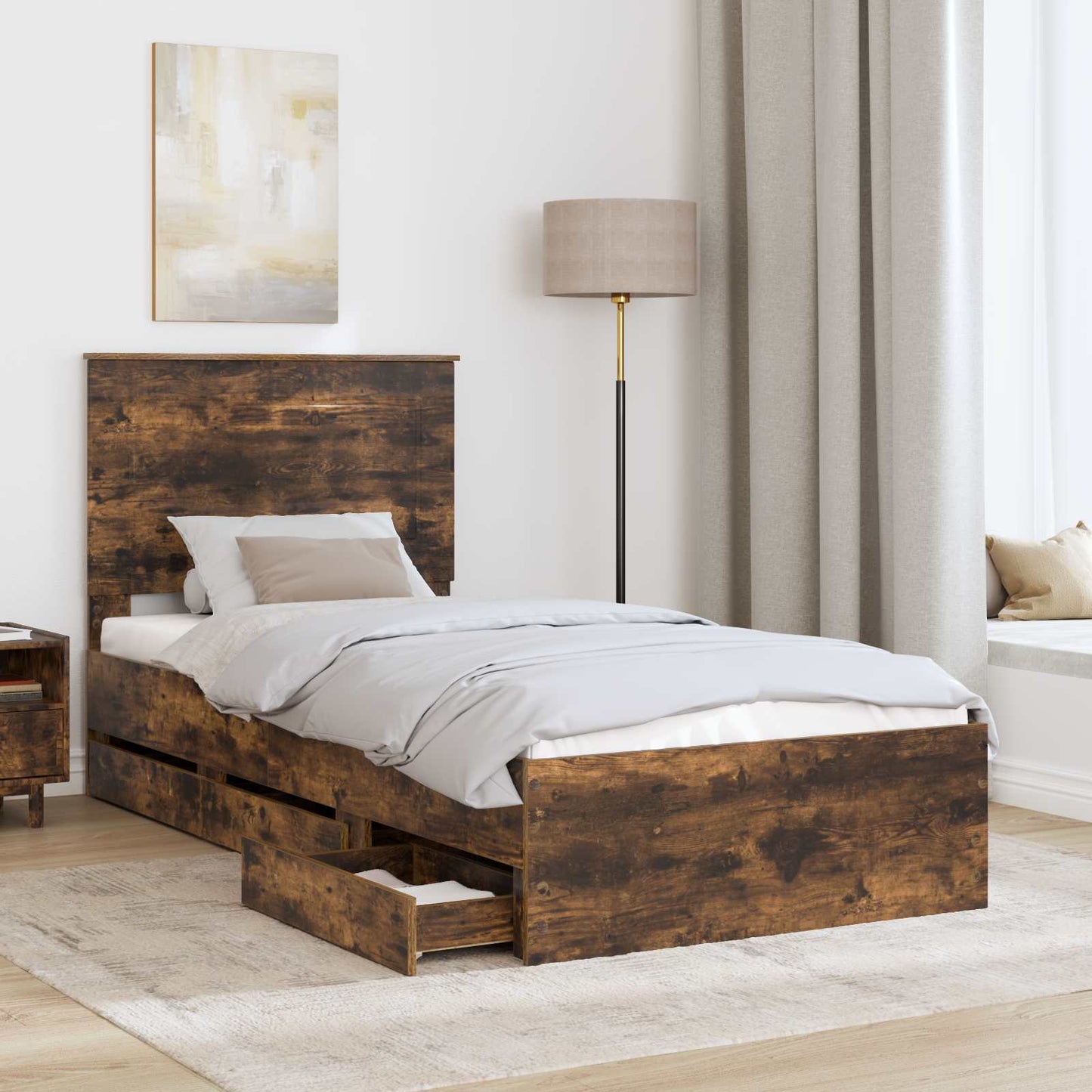 Bed Frame with Drawer Smoked Oak 90 x 190 cm Engineer Wood