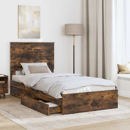 Storage Bed with Drawer Smoked Oak 100 x 200 cm Engineered Wood