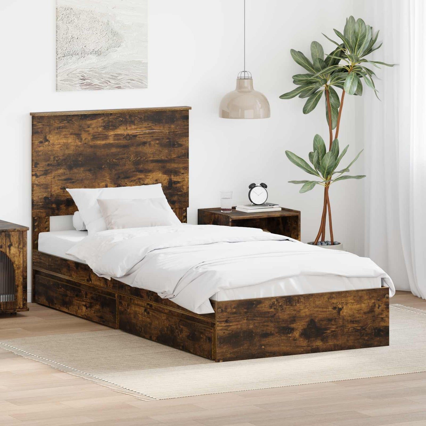 Storage Bed with Drawer Smoked Oak 90 x 200 cm Engineered Wood