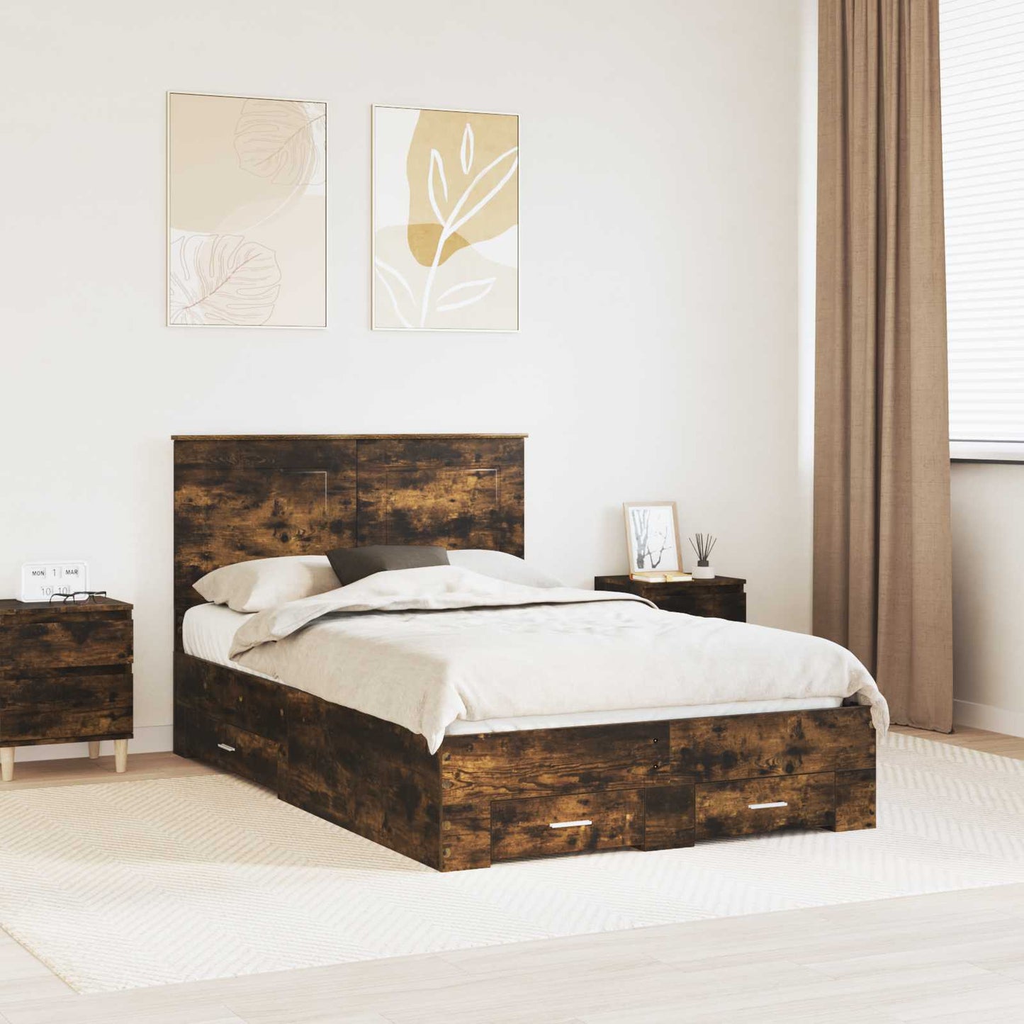 Bed Frame with Drawer Smoked Oak 135 x 190 cm Engineered Wood