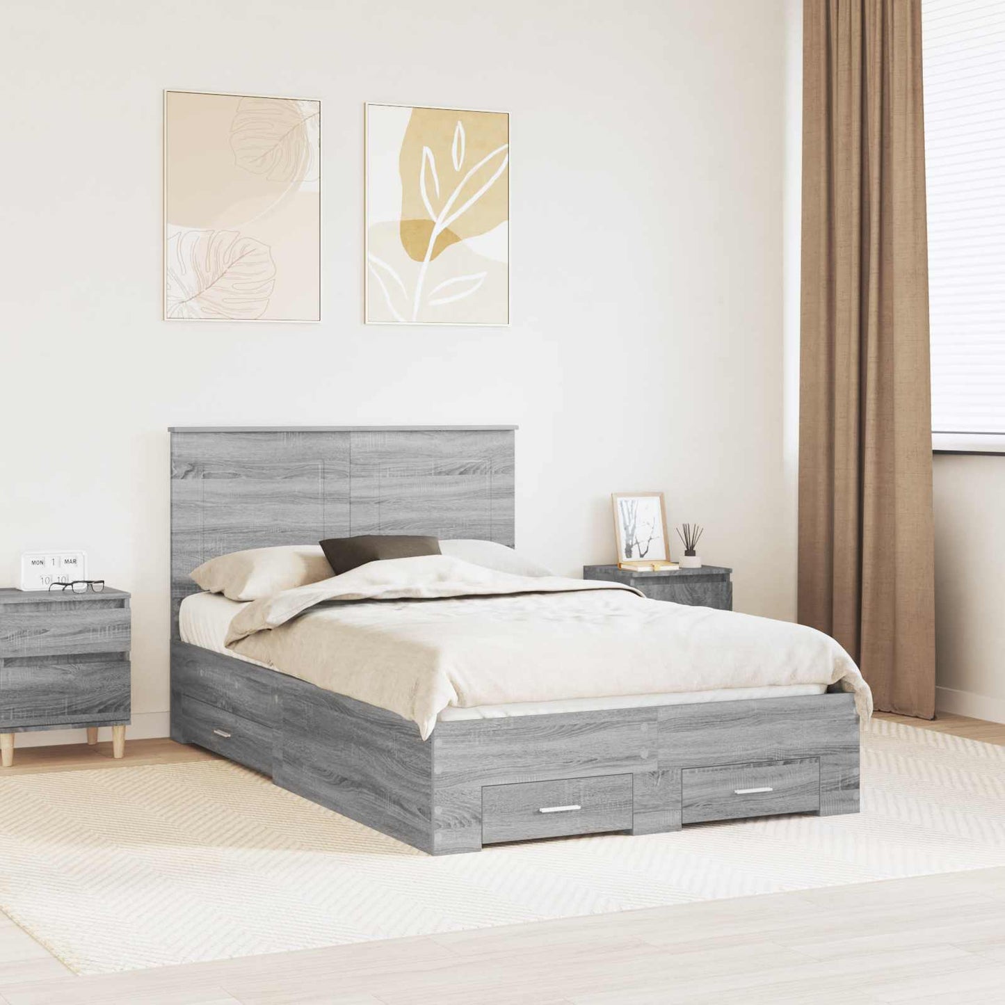Bed Frame with Drawer Grey Sonoma 135 x 190 cm Engineered Wood