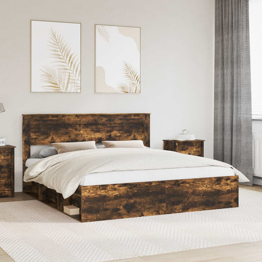 Bed Frame with Storage Smoked Oak 200 x 200 cm Solid Pine Wood