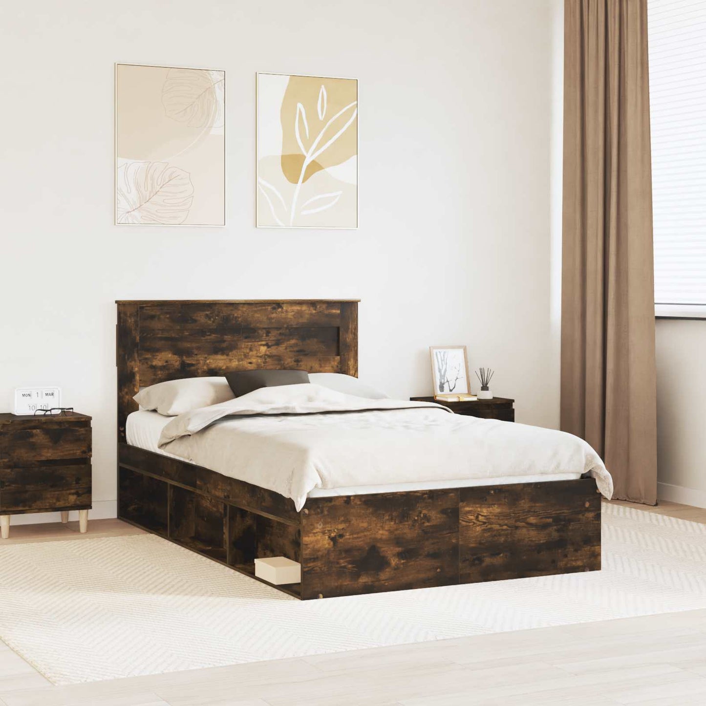 Bed Frame with Storage Smoked Oak 135 x 190 cm Solid Pine Wood